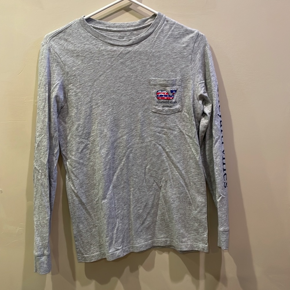 Vineyard Vines Gray Long Sleeve Tee with Red and Blue Whale - Picture 2 of 2